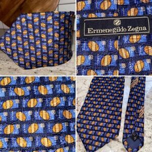 ERMENEGILDO ZEGNA $210 Mens Blue Brown Print Silk Necktie Tie EUC